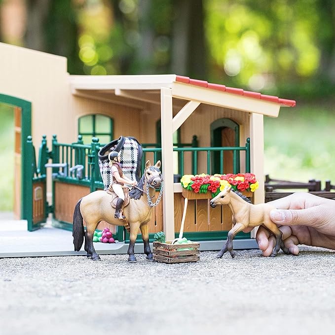 Schleich Horse Barn and Stable Playset - Award-Winning Riding Center 96 Piece Set, 2 Pony Toys, Rider Figurine, and Farm Accessories, for Girls and Boys 3 Years Old and Above - Figurio