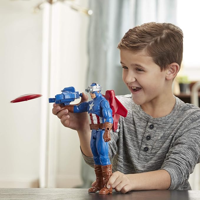 Avengers Marvel Titan Hero Series Blast Gear Captain America, 12-Inch Toy, with Launcher, 2 Accessories and Projectile, Ages 4 and Up , Blue - Figurio