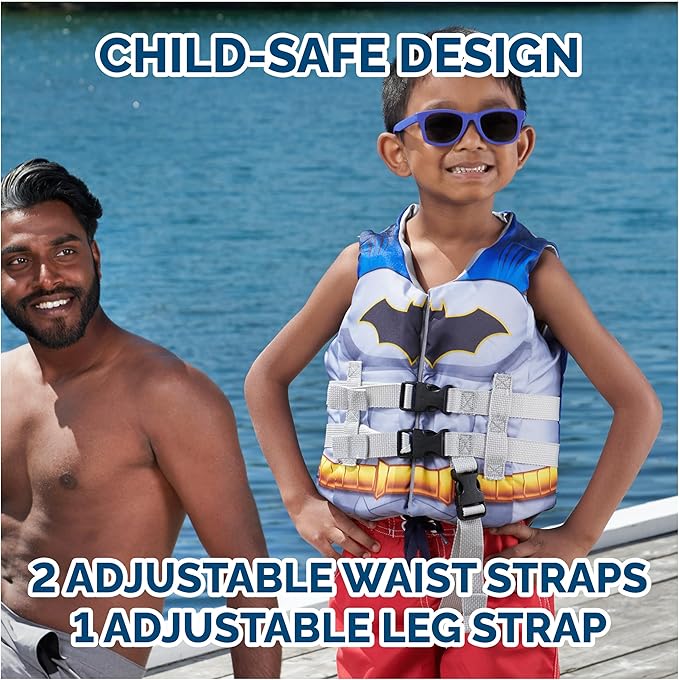 SwimWays DC Swim Trainer Life Jacket, US Coast Guard Approved Life Vest Kids Swim Vest, Pool Floats & Life Jackets for Kids 33-55 lbs, Batman - Figurio