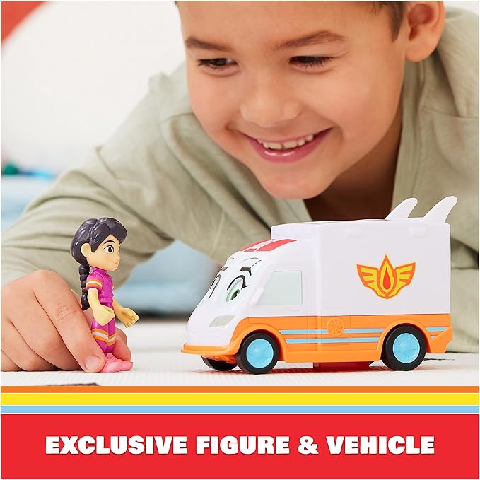 DC Comics Disney Junior Firebuds, Violet and Axl, Action Figure and Ambulance Toy with Interactive Eye Movement, Kids’ Toys for Boys and Girls Aged 3 and up - Figurio