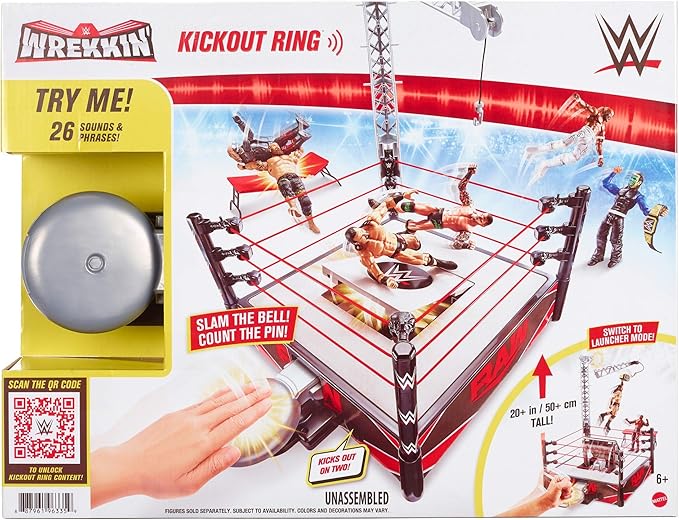 Mattel WWE Kickout Ring Wrekkin Playset with Randomized Ring Count, Springboard Launcher, Crane, Mattel WWE Championship & Accessories, 13-Inch x 20-Inch Ring - Figurio