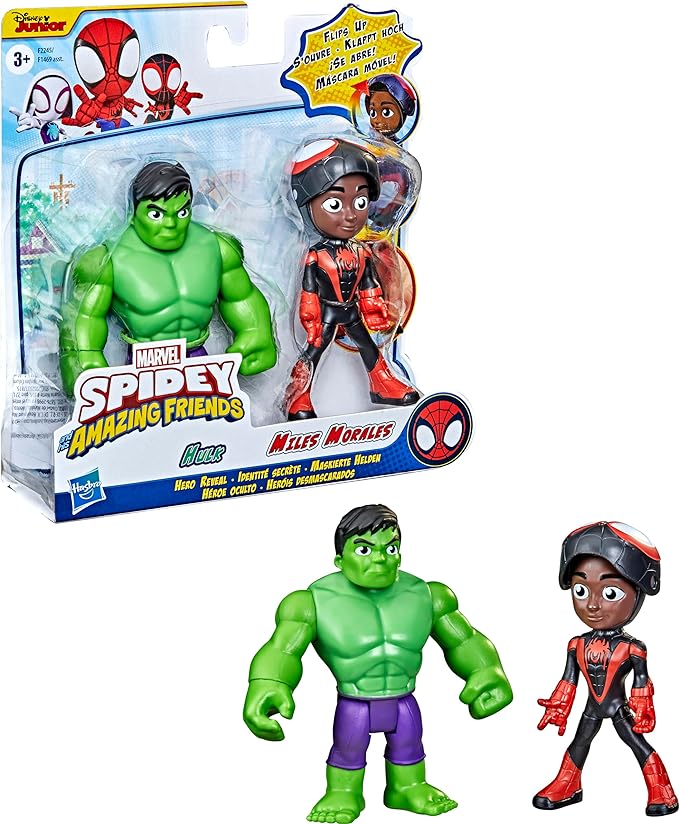 Hasbro Spidey and His Amazing Friends Marvel Hero Reveal 2-Pack,-Action Figures,-Mask Flip Feature, Miles Morales: Spider-Man and Hulk, 3 and Up - Figurio