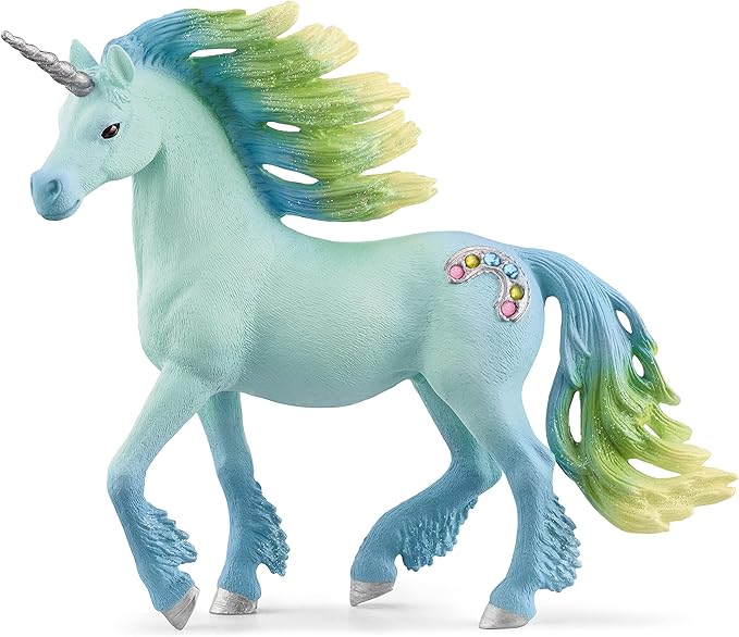 Schleich bayala, Unicorn Toys for Girls and Boys, Marshmallow Unicorn Stallion, Blue and Green ,with Gems, Ages 5+ - Figurio