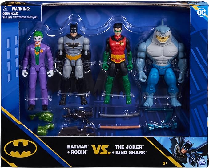 DC Comics, Batman and Robin vs. The Joker and King Shark, 4-inch Action Figures, Kids Toys for Boys and Girls Ages 3 and Up - Figurio