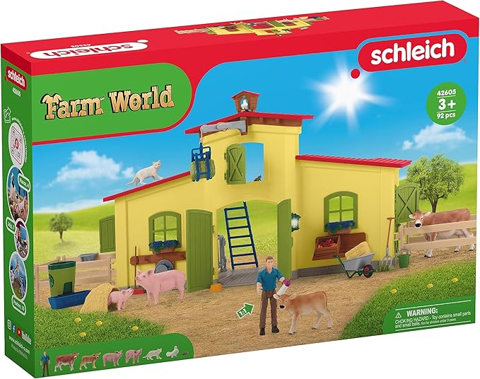 Schleich Farm World Animal Farm Playset with Figurine and Accessories - 92pc Kids Animal Farm Playset with Cow, Horse, Pig, Bull, and Accessories for Boys and Girls, Gift for Kids Age 3+, Yellow - Figurio