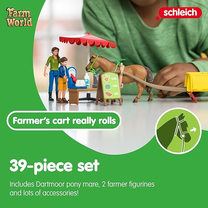 Schleich Farm World — Sunny Day Mobile Farm Stand Playset, Farm Play Set with Farmer Dolls, Horse and Mobile Produce Stand, Farm Animal Toys for Kids Ages 3+ - Figurio