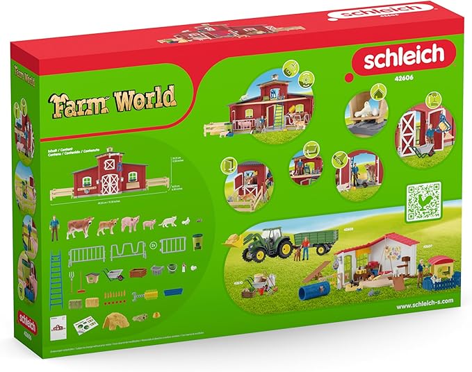 Schleich Farm World Animal Farm Playset with Figurine and Accessories - 92pc Kids Animal Farm Playset with Cow, Horse, Pig, Bull, and Accessories for Boys and Girls, Gift for Kids Age 3+, Red - Figurio