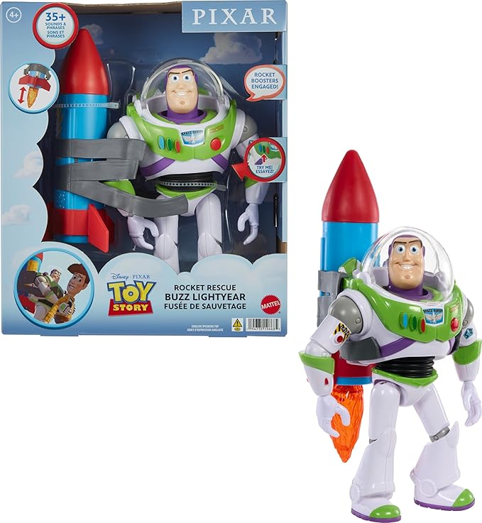 Mattel Disney Pixar Toy Story Buzz Lightyear 10-inch Action Figure Toy with Rocket & 20 Plus Phrases & Sounds, Rocket Rescue Pack Buzz Pack - Figurio