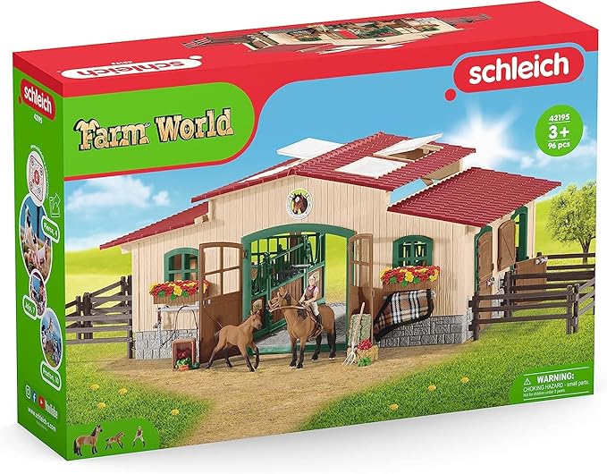 Schleich Horse Barn and Stable Playset - Award-Winning Riding Center 96 Piece Set, 2 Pony Toys, Rider Figurine, and Farm Accessories, for Girls and Boys 3 Years Old and Above - Figurio