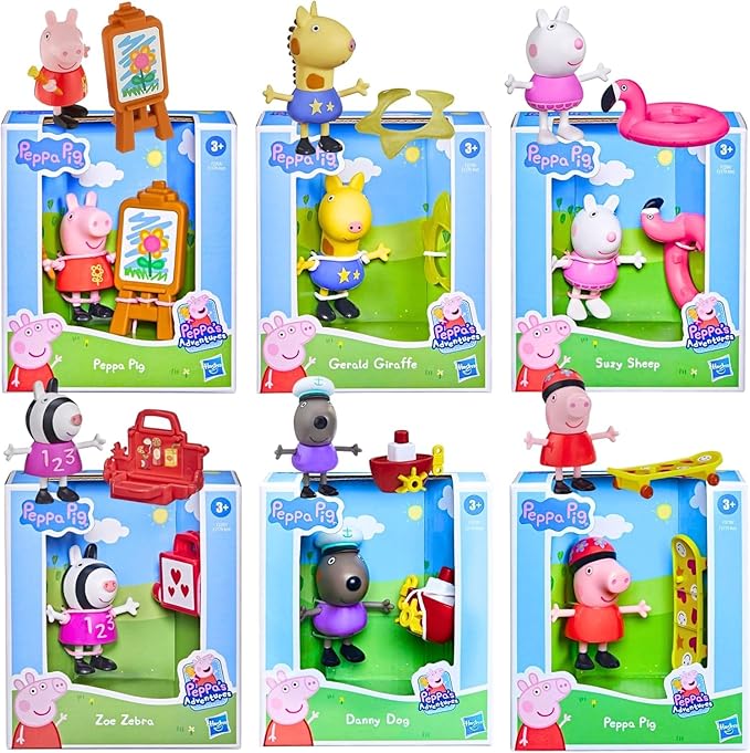 Hasbro Peppa Pig - 3" 8cm Poseable Articulated Figure & Accessory Sets - Set of All 6 Characters - Figurio