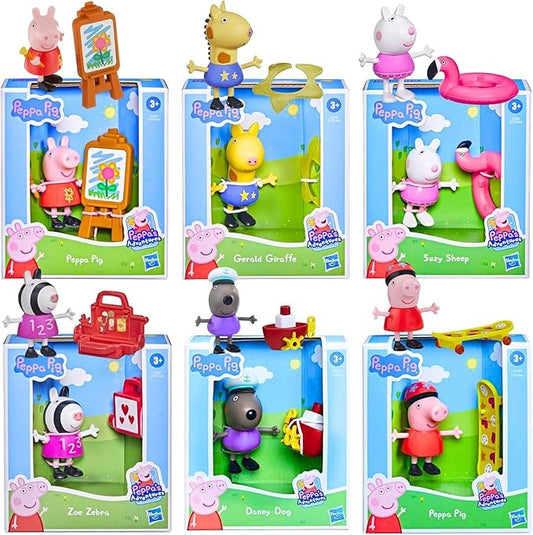 Hasbro Peppa Pig - 3" 8cm Poseable Articulated Figure & Accessory Sets - Set of All 6 Characters - Figurio