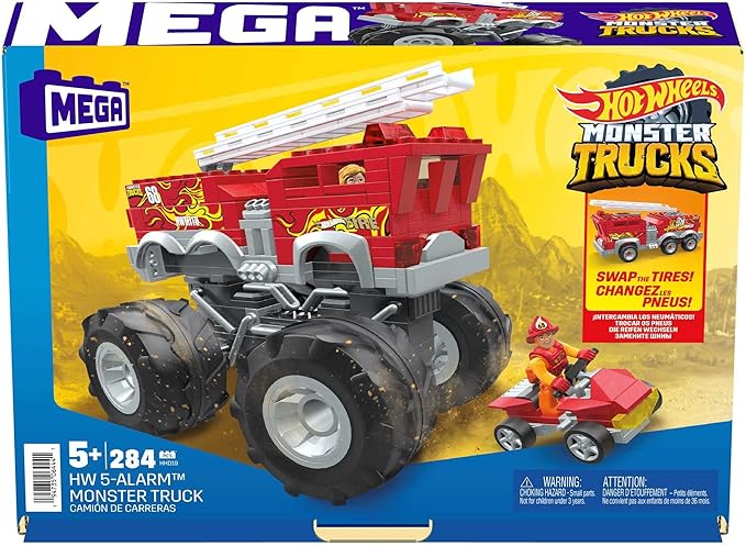 MEGA Hot Wheels Monster Trucks Toy Car Building Set, HW 5-Alaram Fire Truck with 284 Pieces, 1 Micro Action Figure Driver, Red, Kids Age 5+ Years - Figurio