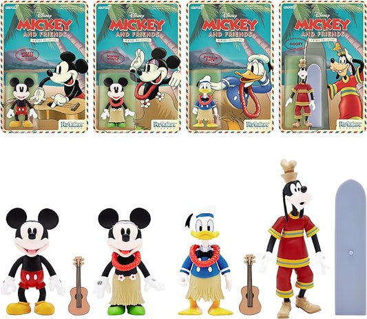 Super7 Disney Hawaiian Holiday Bundle - Mickey, Minnie, Donald Duck, and Goofy - 3.75" Action Figure Classic Movie Collectibles and Retro Toys - Figurio