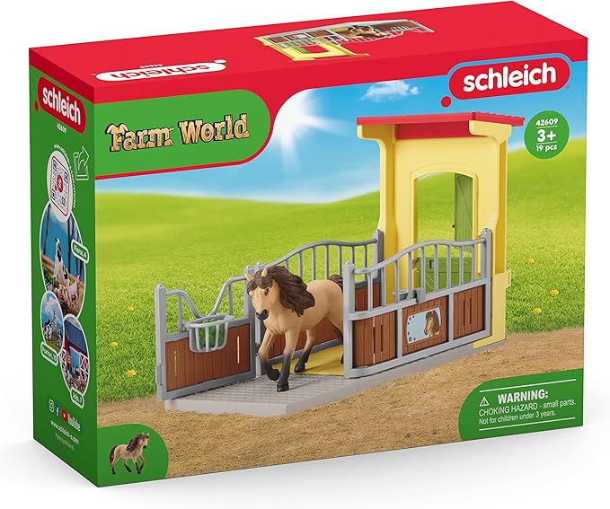 Schleich Farm World, Horse Toys for Girls and Boys, Horse Stall Set with Iceland Pony Stallion Toy Figure - Figurio