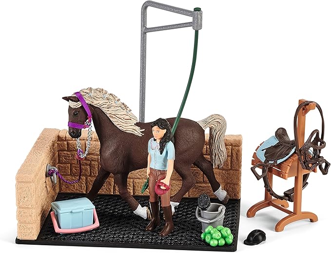 Schleich Horse Club, 13-Piece Playset, Horse Toys for Girls and Boys Ages 5-12, Horse Wash Area with Emily and Luna the Horse - Figurio