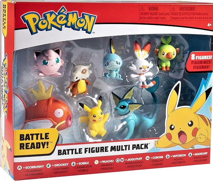 Pokemon Battle Ready! Figure Set, 8 Pieces - Playset with 2 & 3 inch Figures Pikachu, Scorbunny, Grookey, Sobble, Jigglypuff, Cubone, Vaporeon & Magikarp - Gift for Kids, Boys, Girls - Ages 4+ - Figurio