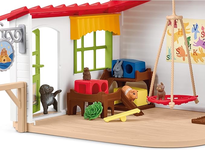 Schleich Farm World Baby Pet Animal Play Hotel with Caretaker Figurine - Large 54-Piece Playset with Dog, Cat, Bunny, Plus Accessories and More, Imagination for Boys and Girls, Gift for Kids Age 3+ - Figurio