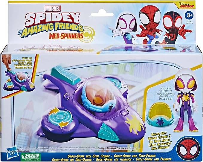 Spidey and His Amazing Friends Web-Spinners Ghost-Spider with Glide Spinner, Car Playset with Vehicle, 4-Inch Scale Marvel Action Figure and Accessory, Toy Cars for Kids 3 and Up - Figurio