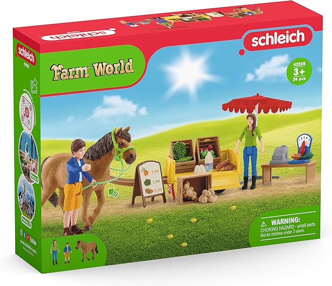 Schleich Farm World — Sunny Day Mobile Farm Stand Playset, Farm Play Set with Farmer Dolls, Horse and Mobile Produce Stand, Farm Animal Toys for Kids Ages 3+ - Figurio