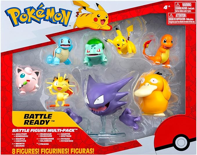 Pokemon Battle Figure 8-Pack - Comes with 2” Pikachu, 2” Bulbasaur, 2” Squirtle, 2” Charmander, 2” Meowth, 2" Jigglypuff, 3” Loudred, and 3” Psyduck - Figurio