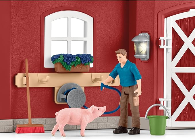 Schleich Farm World Animal Farm Playset with Figurine and Accessories - 92pc Kids Animal Farm Playset with Cow, Horse, Pig, Bull, and Accessories for Boys and Girls, Gift for Kids Age 3+, Red - Figurio