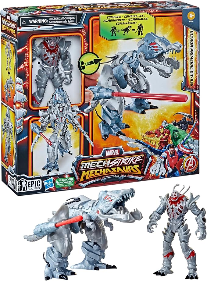 Marvel Mech Strike Mechasaurs, 4.5-Inch Ultron Primeval with T-R3X Mechasaur Action Figures, Super Hero Toys for Kids Ages 4 and Up - Figurio