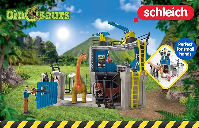 Schleich Dinosaur Toys Science Playset - 33-Piece Set Research Station with Brachiosaurus, Velociraptor, Men Scientist Action Figures, and Dart Cannon, Kids Figurines for Ages 4 and Above - Figurio