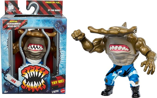 Mattel Street Sharks Jab Action Figure Toy, 90s TV Half-Man Half-Shark Hero, 6-Inch Articulated Toy with Real-Like Skin, Bite & Head Butt - Figurio