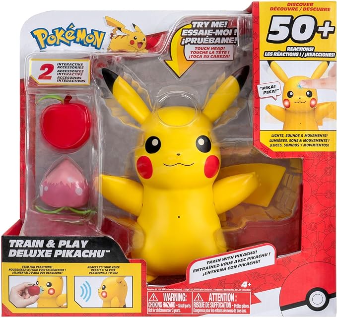 Pokémon Train and Play Deluxe Pikachu - 4.5-Inch Pikachu Figure with Lights, Sounds, and Moving Limbs Plus Interactive Accessories - Figurio