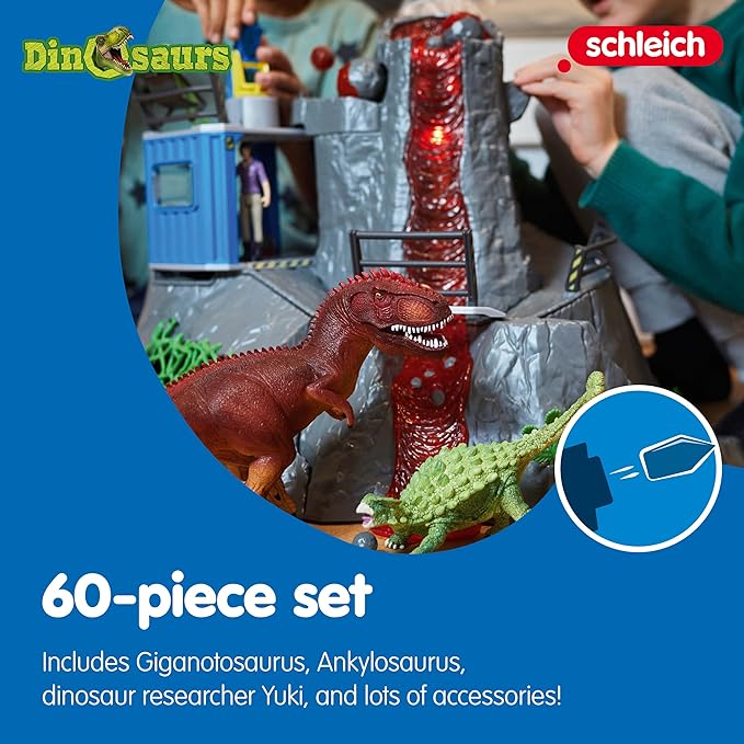 Schleich Dinosaurs - Volcano Expedition Base Camp, Dinosaur Playset Including LED Erupting Volcano, Researcher Figurines and 2 x Dinosaur Toys for Boys and Girls Ages 5-12 - Figurio