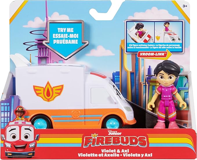 DC Comics Disney Junior Firebuds, Violet and Axl, Action Figure and Ambulance Toy with Interactive Eye Movement, Kids’ Toys for Boys and Girls Aged 3 and up - Figurio