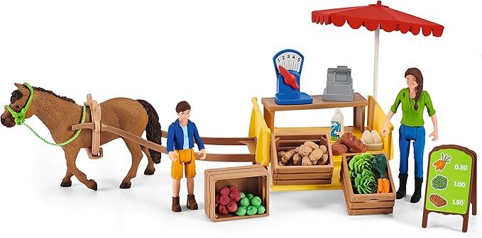 Schleich Farm World — Sunny Day Mobile Farm Stand Playset, Farm Play Set with Farmer Dolls, Horse and Mobile Produce Stand, Farm Animal Toys for Kids Ages 3+ - Figurio