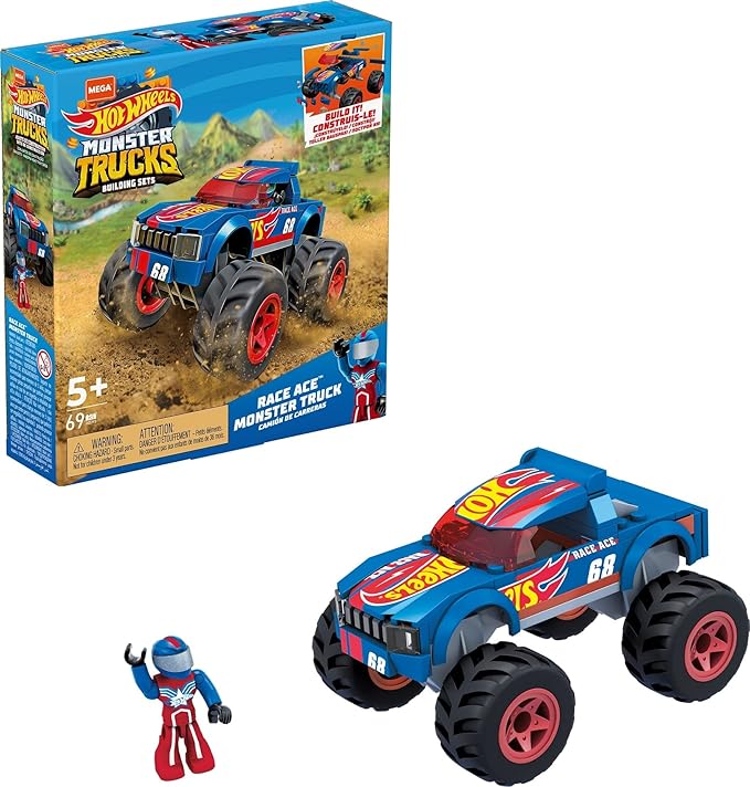 MEGA Hot Wheels Monster Trucks Building Toy Playset, Race Ace with 69 Pieces, 1 Micro Action Figure Driver, Red, Kids Age 5+ Years - Figurio