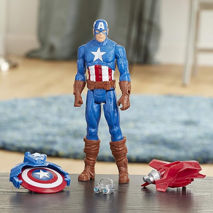 Avengers Marvel Titan Hero Series Blast Gear Captain America, 12-Inch Toy, with Launcher, 2 Accessories and Projectile, Ages 4 and Up , Blue - Figurio