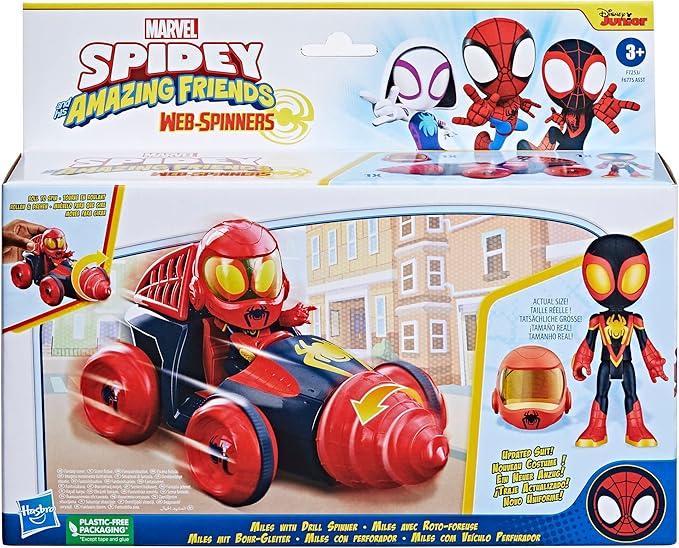 Marvel Spidey and His Amazing Friends Web-Spinners Miles with Drill Spinner, Car Playset with Vehicle, 4-Inch Scale Action Figure and Accessory, Toy Cars for Kids 3 and Up - Figurio