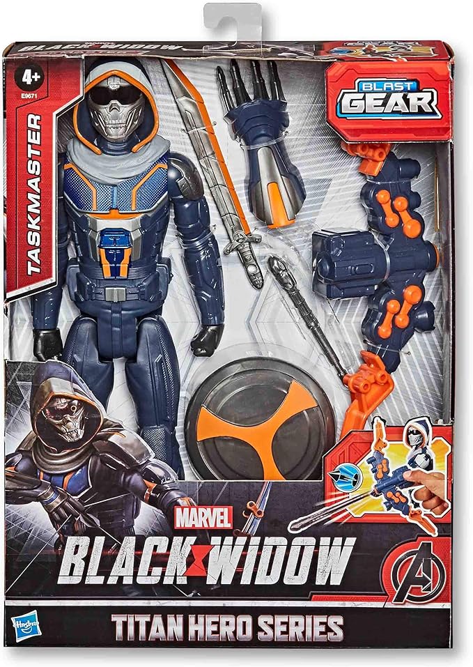 Marvel Black Widow Titan Hero Series Blast Gear Taskmaster Action Figure, 12-Inch Toy, with Launcher and Projectiles, Ages 4 and Up - Figurio