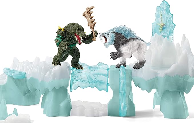 Schleich Eldrador Creatures Attack on Ice Fortress Playset with Ice Monster and Jungle Monster Action Figures - Features Battle Crocodile with Moving Arms and Sabre Tooth Tiger, Gift for Kids Ages 7+ - Figurio