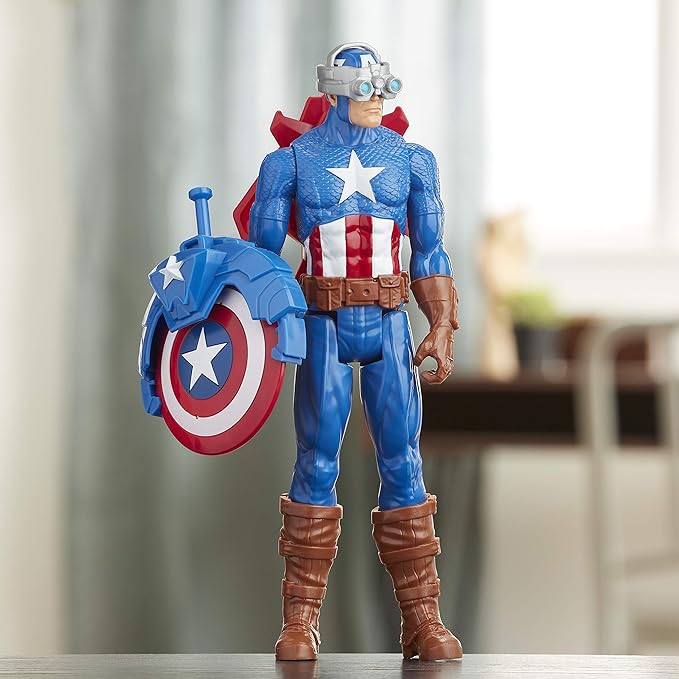 Avengers Marvel Titan Hero Series Blast Gear Captain America, 12-Inch Toy, with Launcher, 2 Accessories and Projectile, Ages 4 and Up , Blue - Figurio