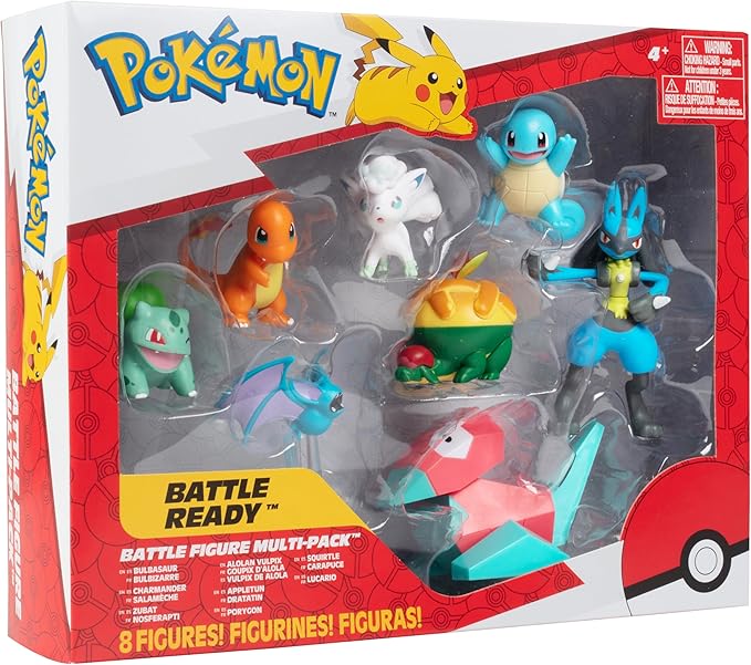 Pokemon Battle Ready! Figure Set, 8 Pieces - Playset with 2 & 3 inch Figures - Charmander, Bulbasaur, Squirtle, Lucario, Zubat, Appletun, Alolan Vulpix & Porygon - Gift for Kids, Boys, Girls - Figurio