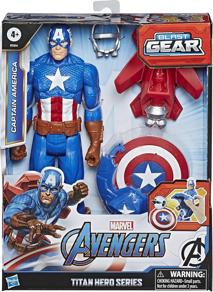 Avengers Marvel Titan Hero Series Blast Gear Captain America, 12-Inch Toy, with Launcher, 2 Accessories and Projectile, Ages 4 and Up , Blue - Figurio