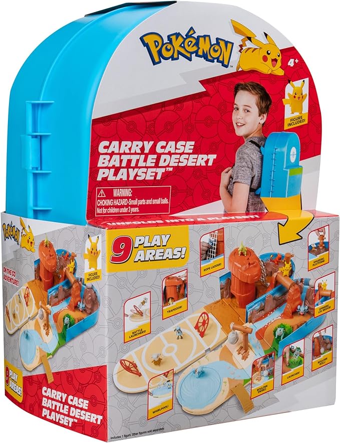 Pokémon Carry CASE Battle Desert PLAYSET - Portable Transforming Playset with Action Features and 2-inch Pikachu Battle Figure - Figurio