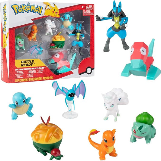 Pokemon Battle Ready! Figure Set, 8 Pieces - Playset with 2 & 3 inch Figures - Charmander, Bulbasaur, Squirtle, Lucario, Zubat, Appletun, Alolan Vulpix & Porygon - Gift for Kids, Boys, Girls - Figurio