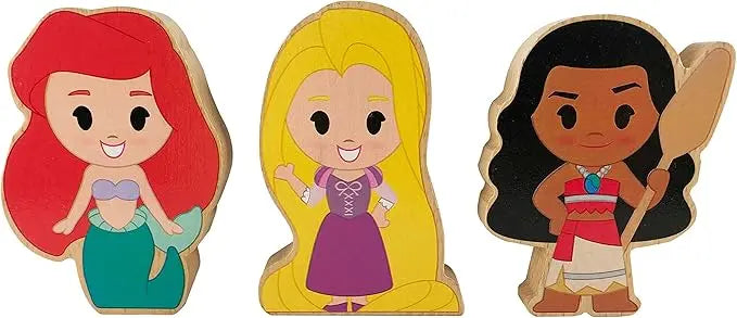 Just Play Disney Wooden Toys 3-Piece Figure Set with Rapunzel, Ariel, and Moana, Officially Licensed Kids Toys for Ages 2 Up - Figurio