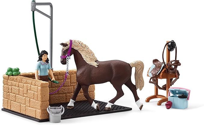 Schleich Horse Club, 13-Piece Playset, Horse Toys for Girls and Boys Ages 5-12, Horse Wash Area with Emily and Luna the Horse - Figurio