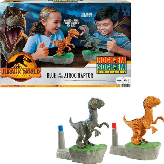 Mattel Games Rock 'Em Sock 'Em Raptors Jurassic World Domination Kids Game Fighting Raptors with Blue vs Atrociraptor - Figurio