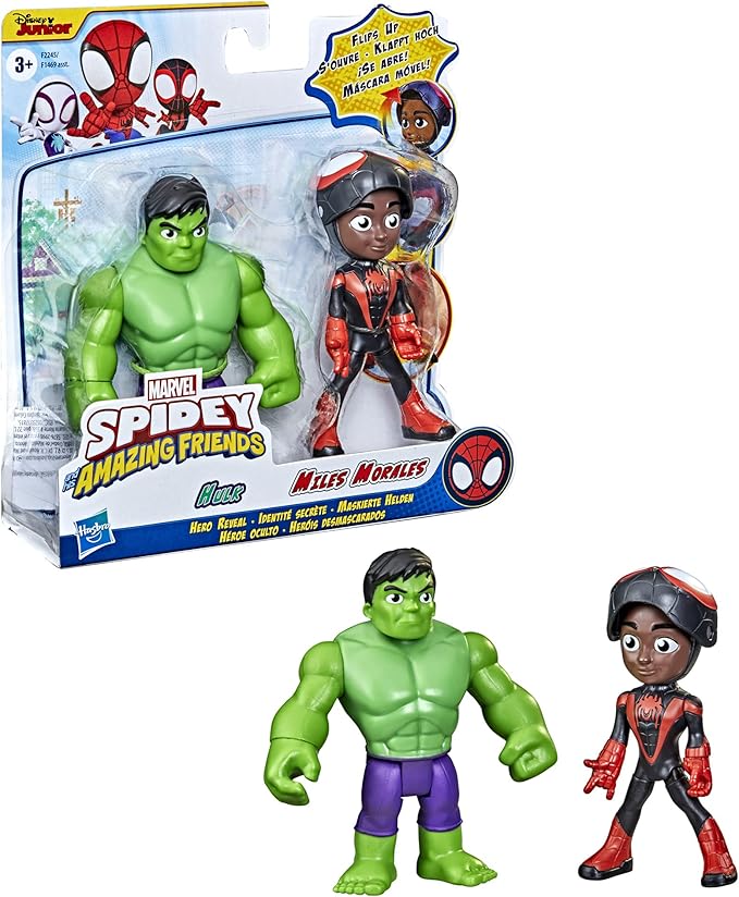 Hasbro Spidey and His Amazing Friends Marvel Hero Reveal 2-Pack,-Action Figures,-Mask Flip Feature, Miles Morales: Spider-Man and Hulk, 3 and Up - Figurio