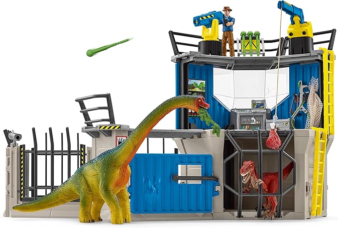 Schleich Dinosaur Toys Science Playset - 33-Piece Set Research Station with Brachiosaurus, Velociraptor, Men Scientist Action Figures, and Dart Cannon, Kids Figurines for Ages 4 and Above - Figurio