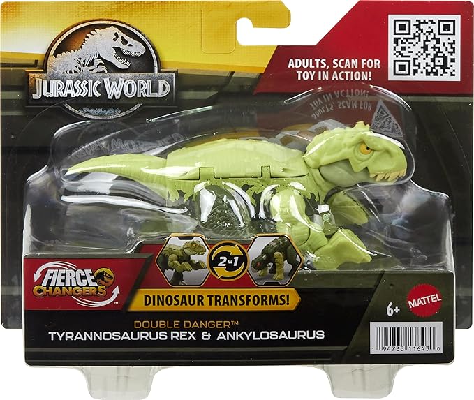 Mattel Jurassic World Fierce Changers 2-in-1 Dinosaur Figure, Double Danger Transforming Toy, T Rex to Ankylosaurus in 11 Steps - Figurio