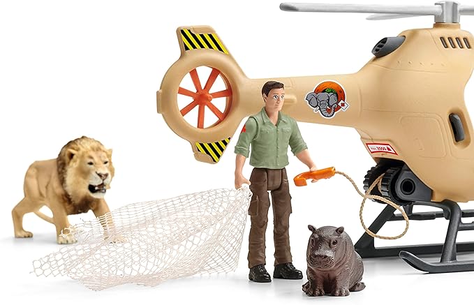 Schleich Wild Life 8pc. Animal Rescue Helicopter Playset with Lion and Hippo Figurines - Highly Detailed Wild Animal Playset, Durable for Education and Fun Play, Perfect for Boys and Girls, Ages 3+ - Figurio