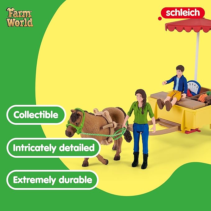 Schleich Farm World — Sunny Day Mobile Farm Stand Playset, Farm Play Set with Farmer Dolls, Horse and Mobile Produce Stand, Farm Animal Toys for Kids Ages 3+ - Figurio